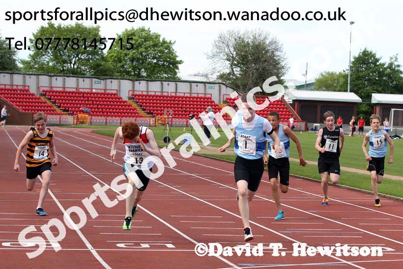 Under-13 boys 100 metres at the North Eastern Championships, Gateshead International Stadium.  Photos: David T. Hewitson/Sports for All Pics